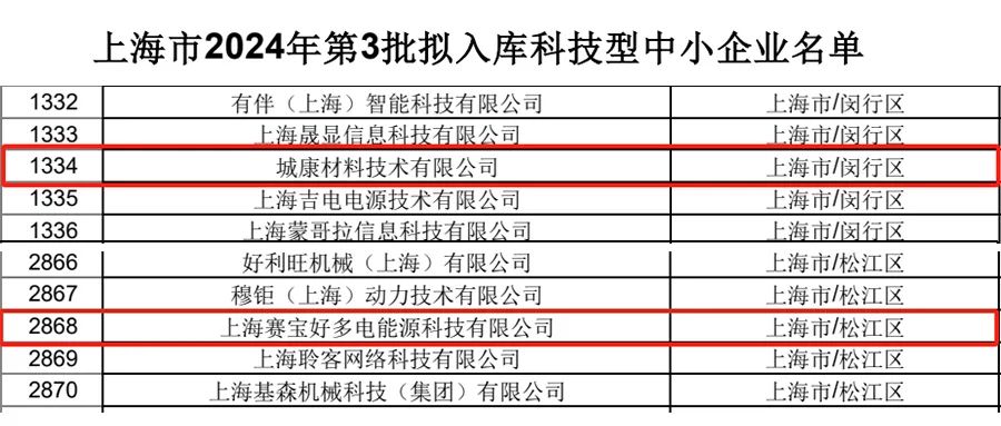 赛宝新能源与城康材料入选成为上海市2024年第三批科技型中小企业